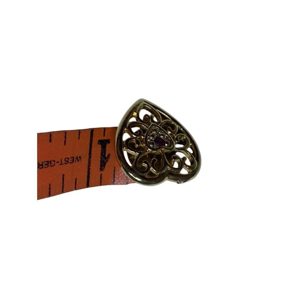 Vintage Gold Tone Filigree Heart Brooch Red Center Stone Openwork Pin Jewelry